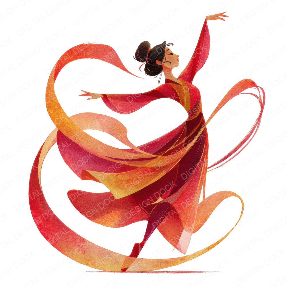 Ribbon Dance Woman fussy cut sheet in US Letter format showing all 12 designs on one printable page