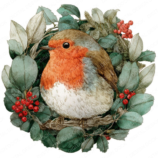 Robin in Christmas Wreath fussy cut sheet in A4 format showing all 12 designs on one printable page