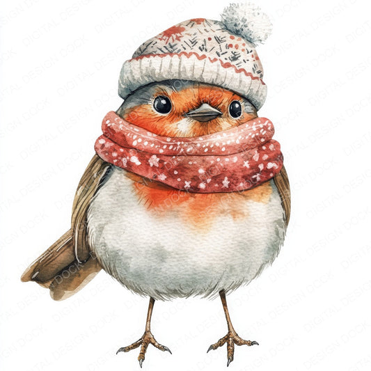 Robin in Hat and Scarf fussy cut sheet in A4 format showing all 12 designs on one printable page