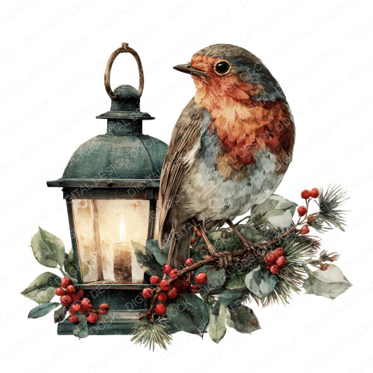 Robin on Christmas Lantern Clipart Set (DDD006438)