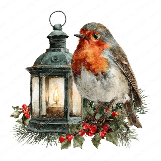 Robin on Christmas Lantern fussy cut sheet in US Letter format showing all 12 designs on one printable page