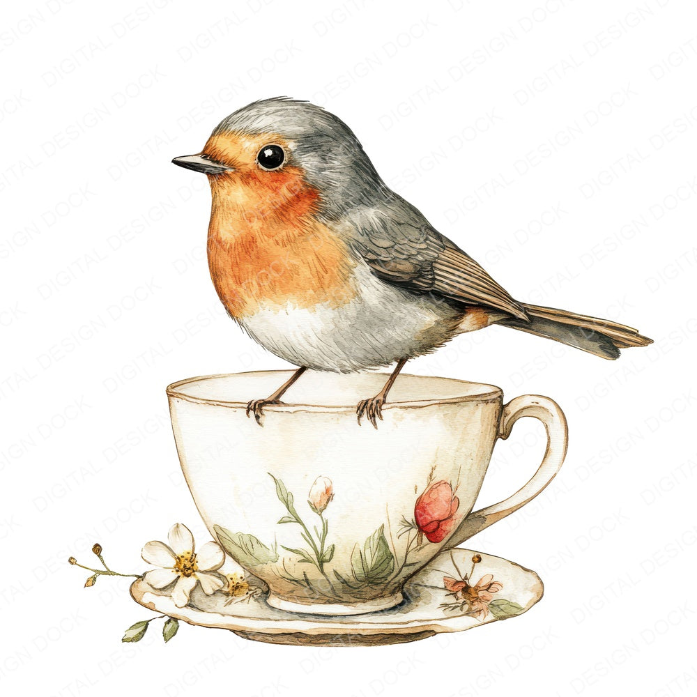 Robin on Teacup fussy cut sheet in A4 format showing all 12 designs on one printable page