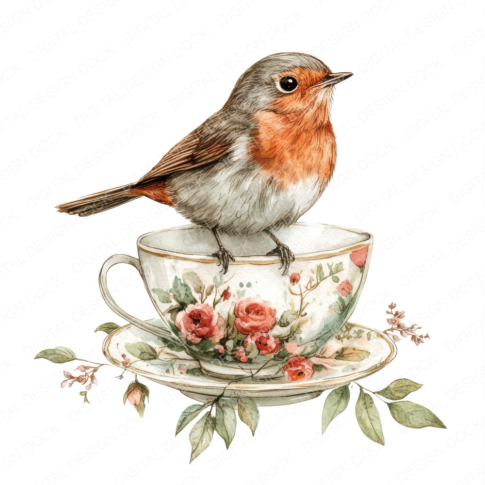 Robin on Teacup fussy cut sheet in US Letter format showing all 12 designs on one printable page