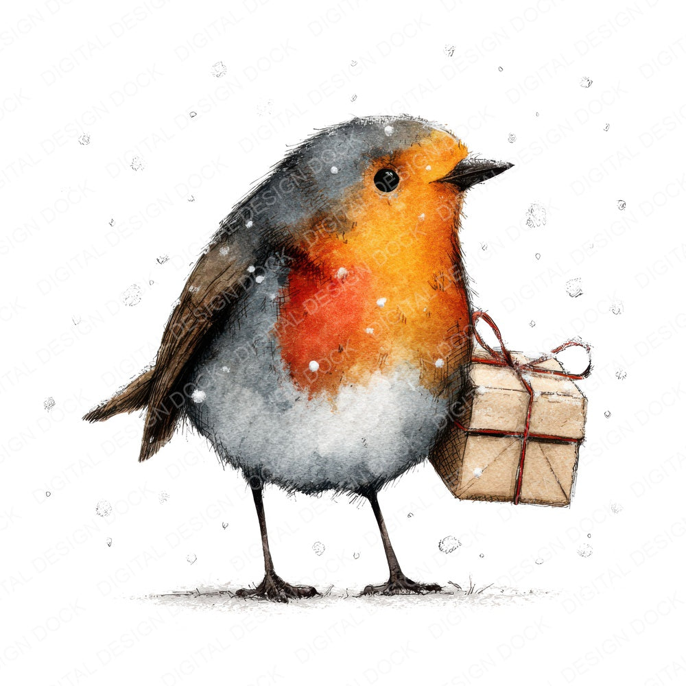 Robin with Christmas Gift fussy cut sheet in A4 format showing all 12 designs on one printable page