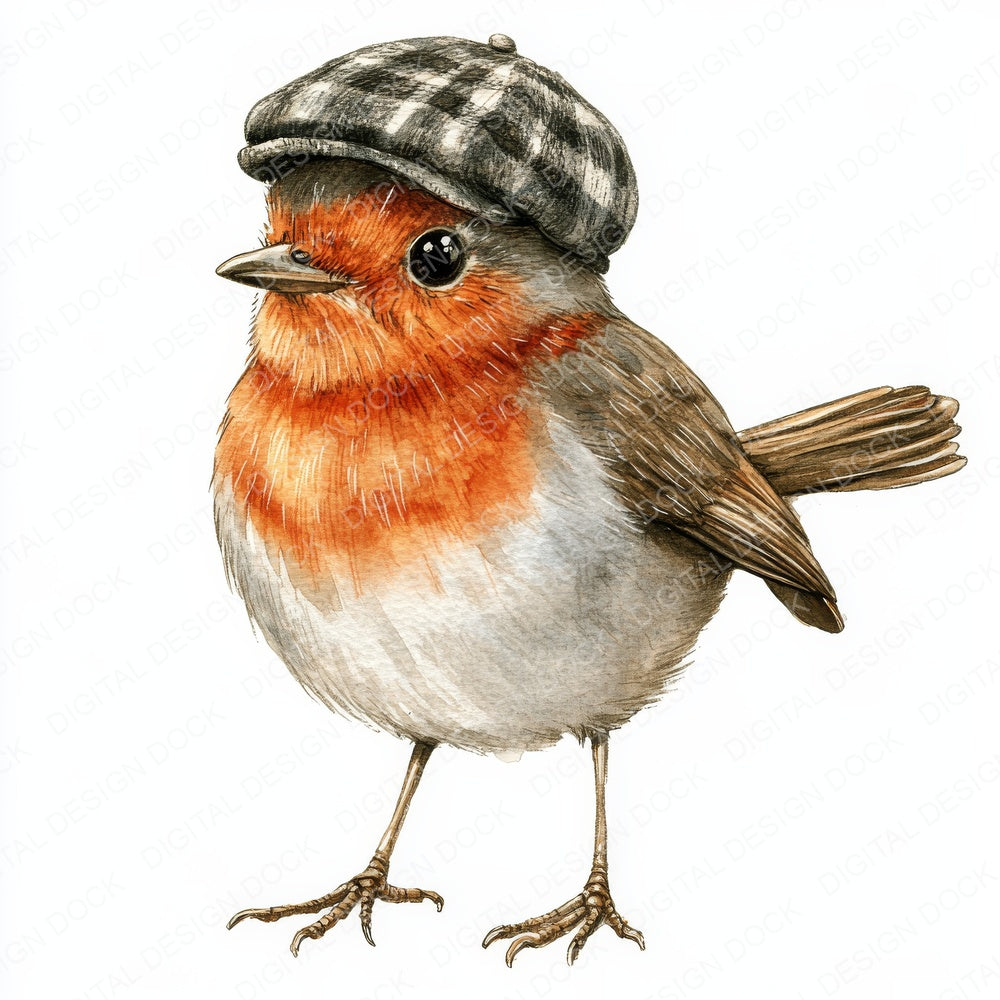 Robin with Flat Cap on fussy cut sheet in A4 format showing all 12 designs on one printable page