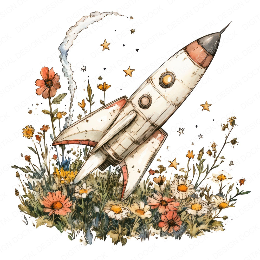 Rocketship in Wildflower Field fussy cut sheet in A4 format showing all 12 designs on one printable page