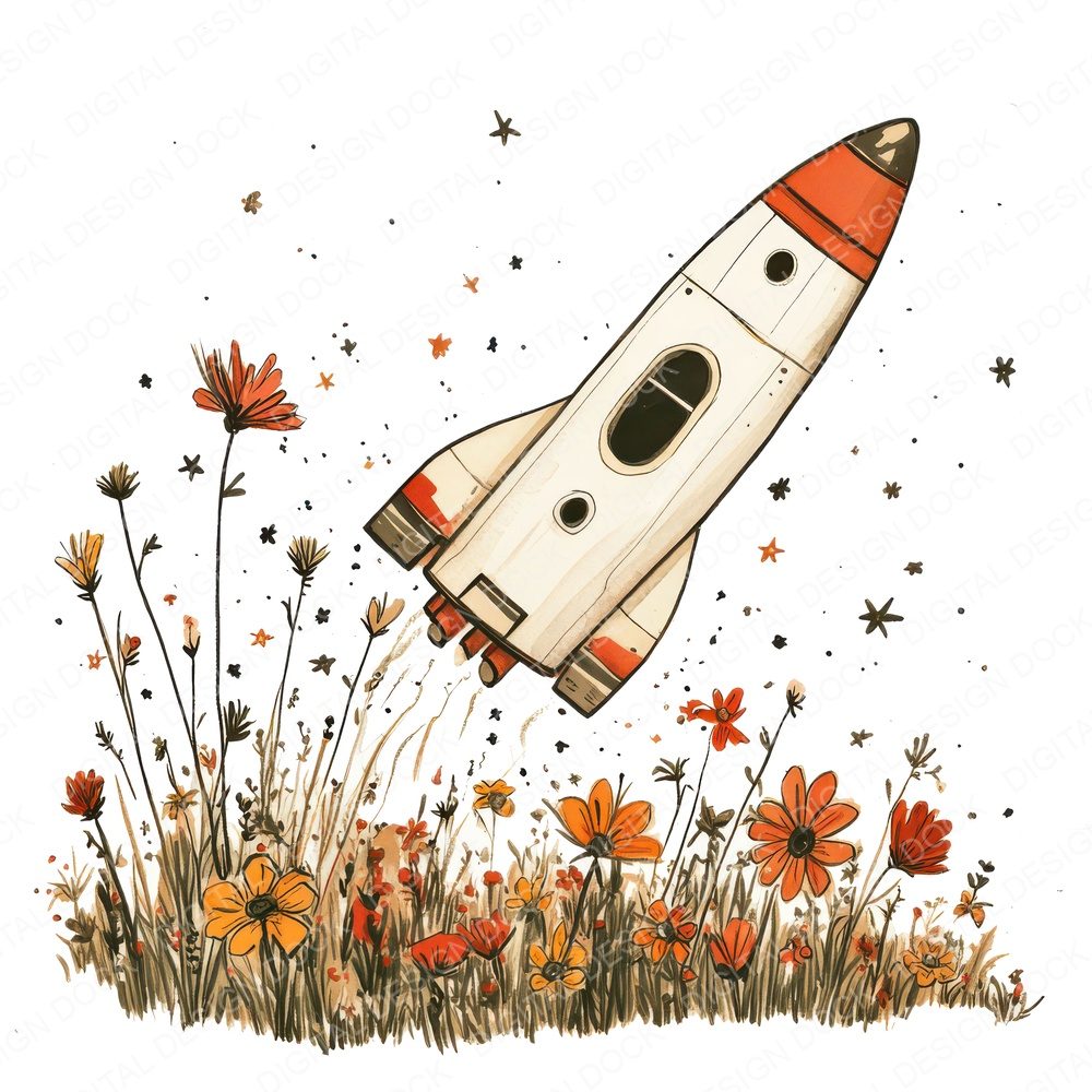 Rocketship in Wildflower Field Fussy Cut Sheets (DDD010824)