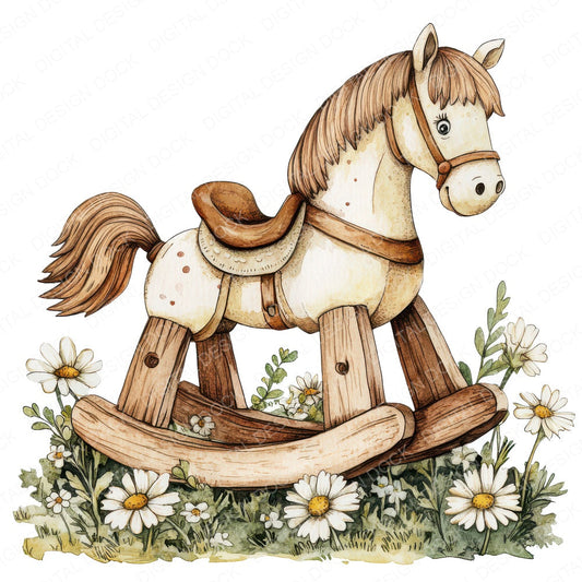 Rocking Horse in Wildflowers fussy cut sheet in A4 format showing all 12 designs on one printable page