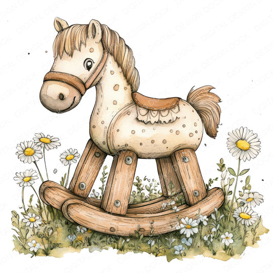 Rocking Horse in Wildflowers fussy cut sheet in US Letter format showing all 12 designs on one printable page