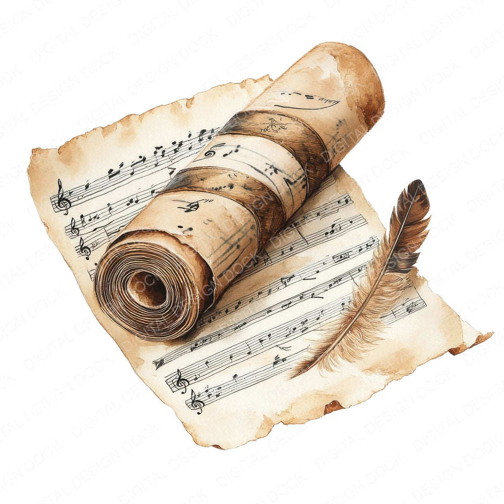 Rolled Music Sheet and Quill fussy cut sheet in A4 format showing all 12 designs on one printable page