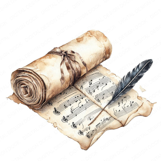 Rolled Music Sheet and Quill Clipart Set (DDD006450)