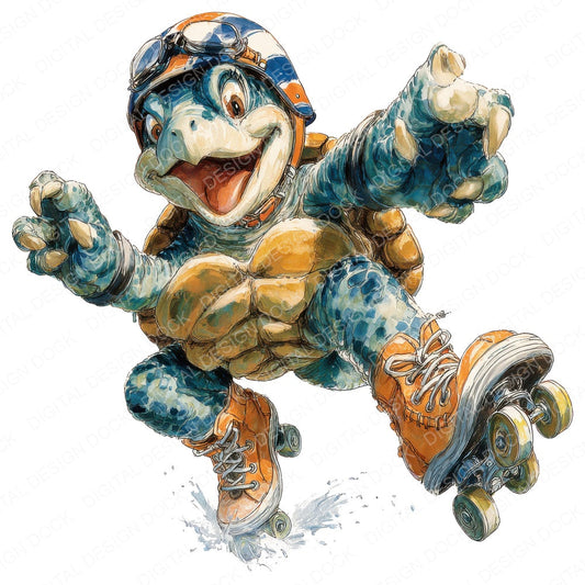 Roller Skate Turtle fussy cut sheet in A4 format showing all 12 designs on one printable page
