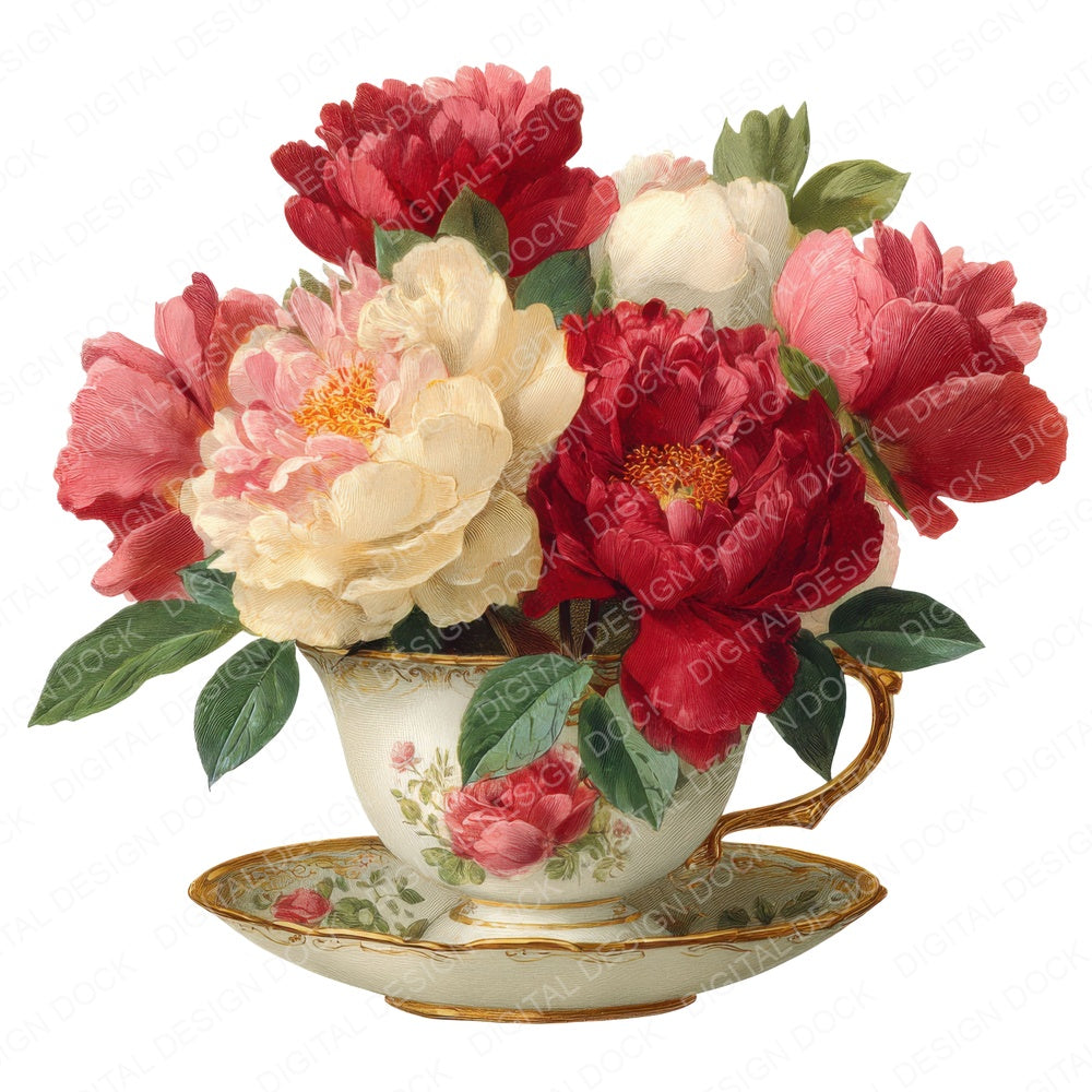 Rose Peony Teacup fussy cut sheet in A4 format showing all 12 designs on one printable page