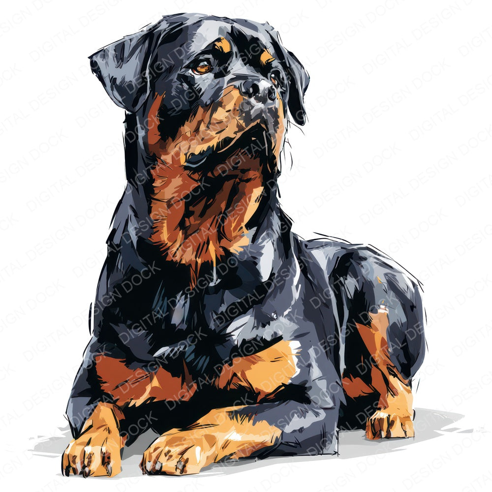 Single Rottweiler Watercolour Dog design shown full size, also included as clipart