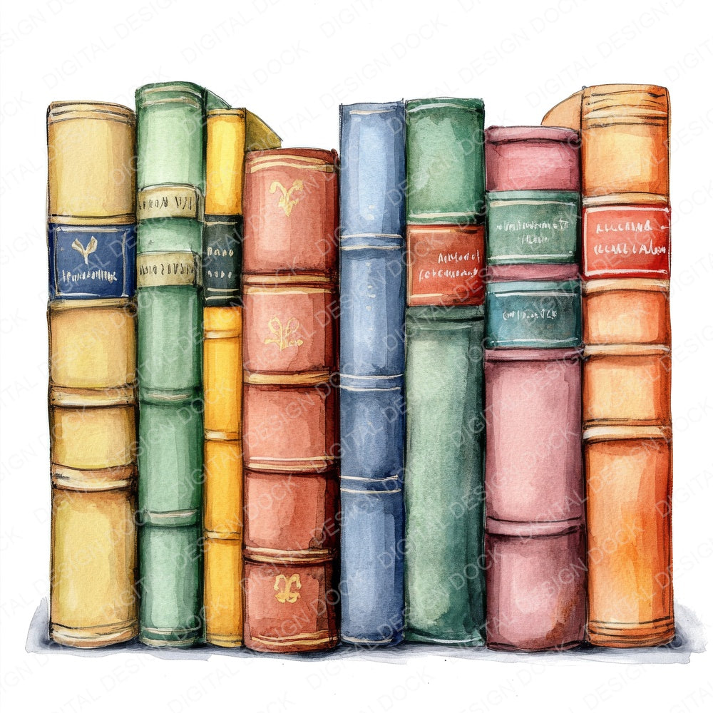 Row of Colourful Books fussy cut sheet in US Letter format showing all 12 designs on one printable page