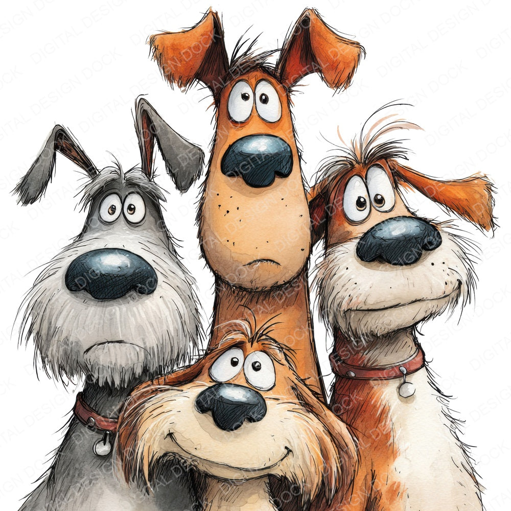 Row of Quirky Dogs fussy cut sheet in A4 format showing all 12 designs on one printable page