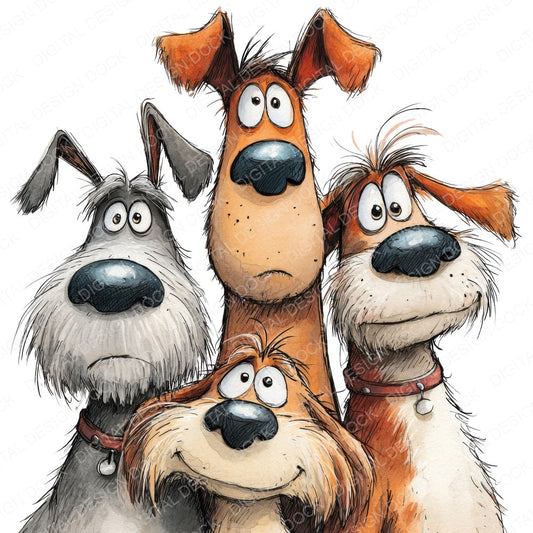 Row of Quirky Dogs fussy cut sheet in A4 format showing all 12 designs on one printable page