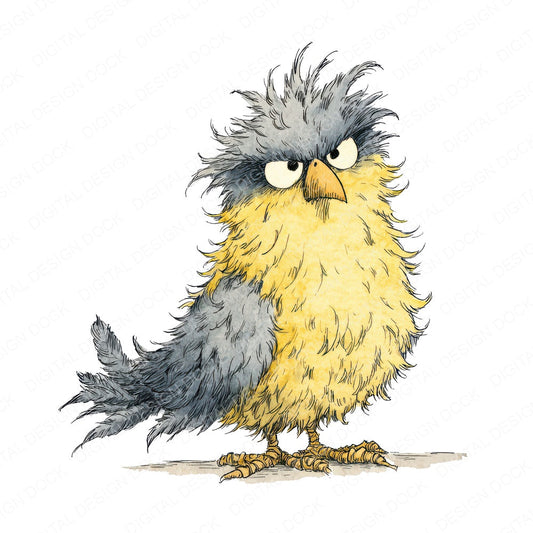 Ruffled Feather Bird Character fussy cut sheet in A4 format showing all 12 designs on one printable page
