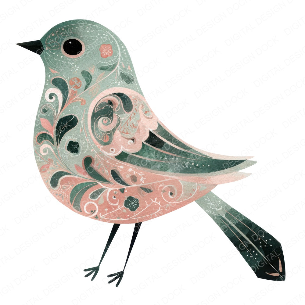 Sage Folk Art Bird fussy cut sheet in A4 format showing all 12 designs on one printable page