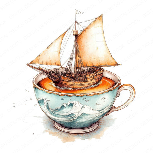 Sailing Teacup Scene fussy cut sheet in A4 format showing all 12 designs on one printable page