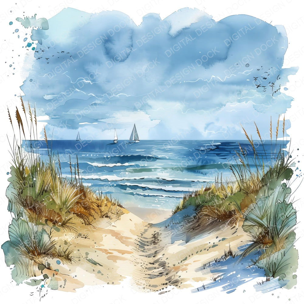 Sand Dunes and distant Sailboats fussy cut sheet in A4 format showing all 12 designs on one printable page
