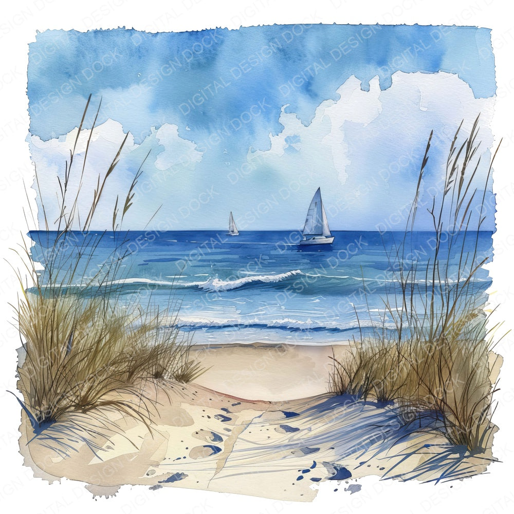 Sand Dunes and distant Sailboats fussy cut sheet in US Letter format showing all 12 designs on one printable page