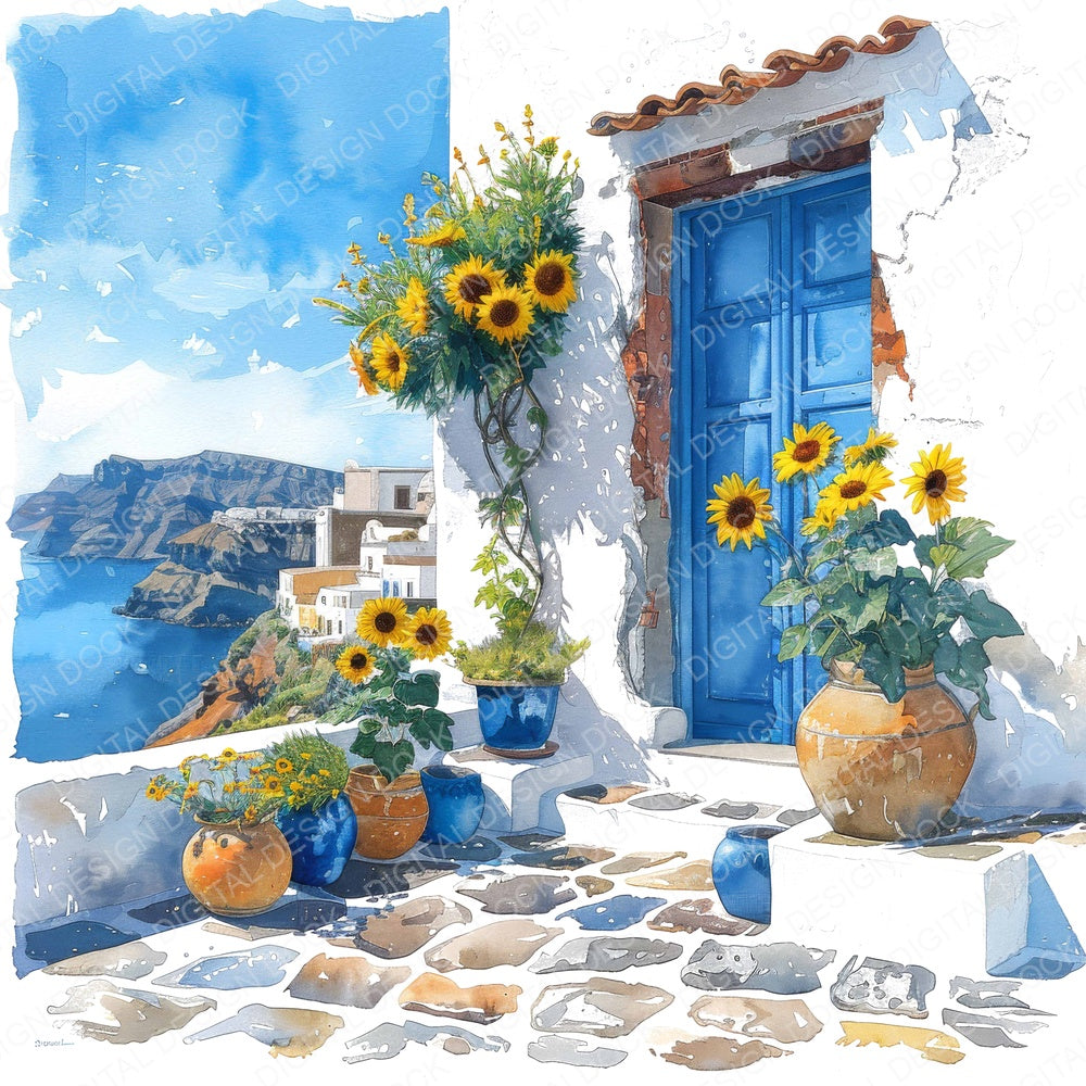 Santorini Sunflowers fussy cut sheet in A4 format showing all 12 designs on one printable page
