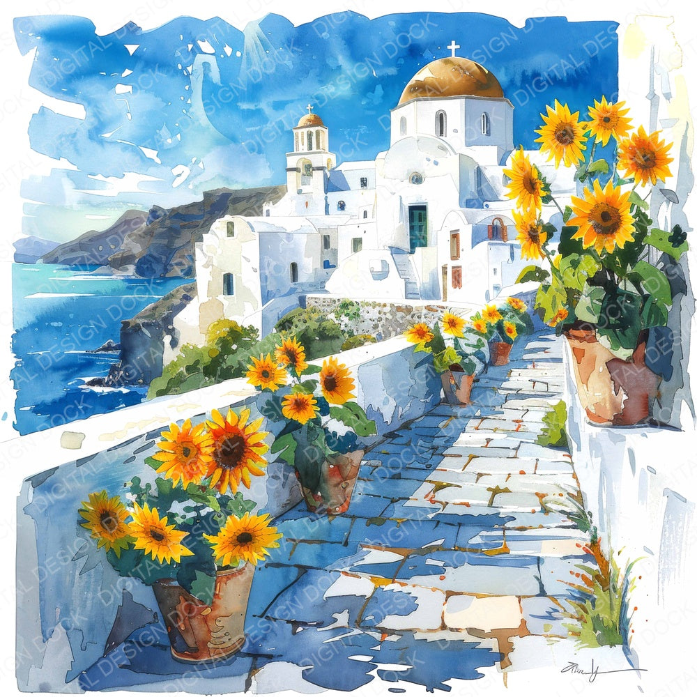 Santorini Sunflowers fussy cut sheet in US Letter format showing all 12 designs on one printable page