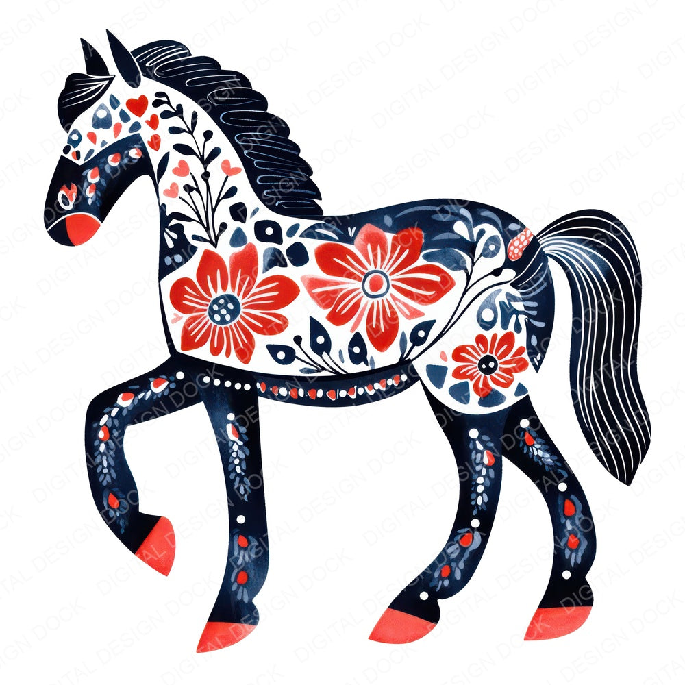 Scandi Folk Horse fussy cut sheet in A4 format showing all 12 designs on one printable page