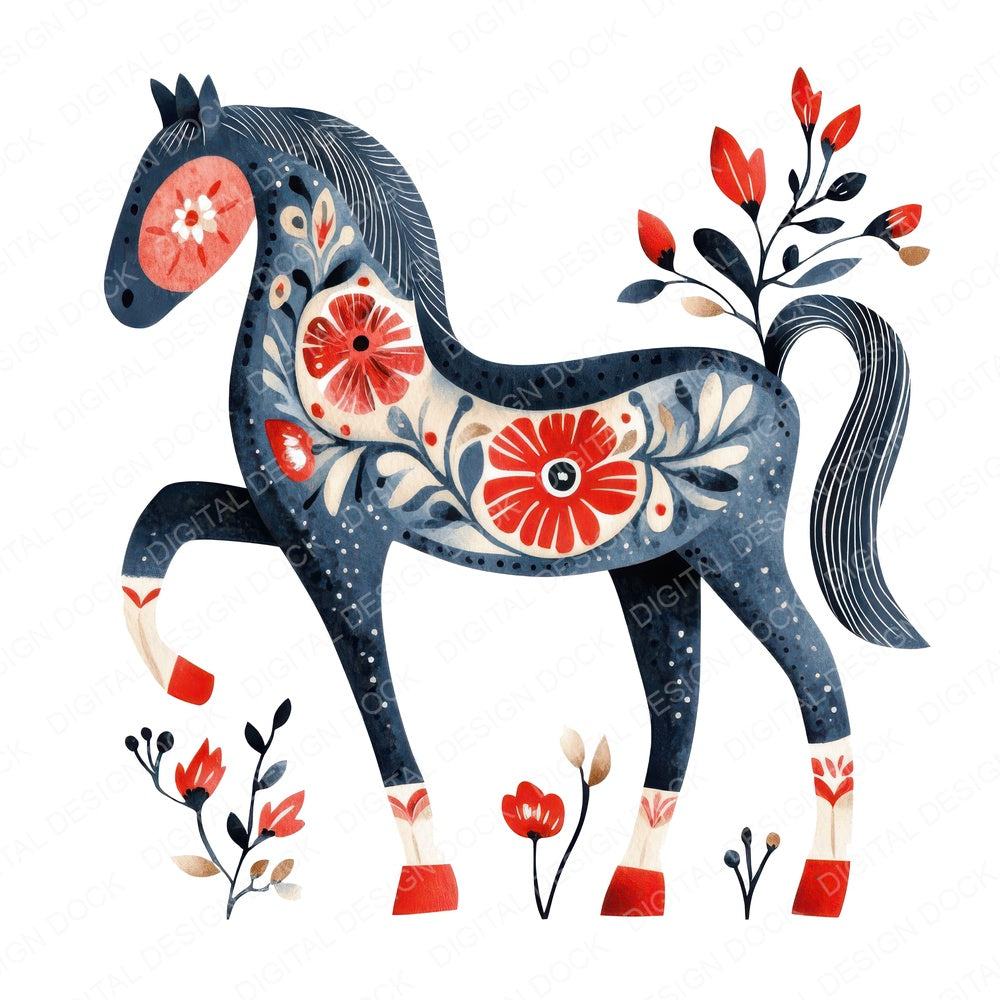 Scandi Folk Horse fussy cut sheet in US Letter format showing all 12 designs on one printable page