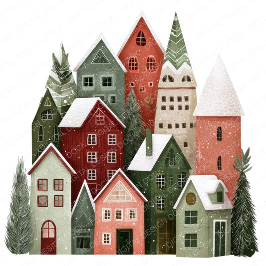 Scandinavian Christmas Houses fussy cut sheet in A4 format showing all 12 designs on one printable page
