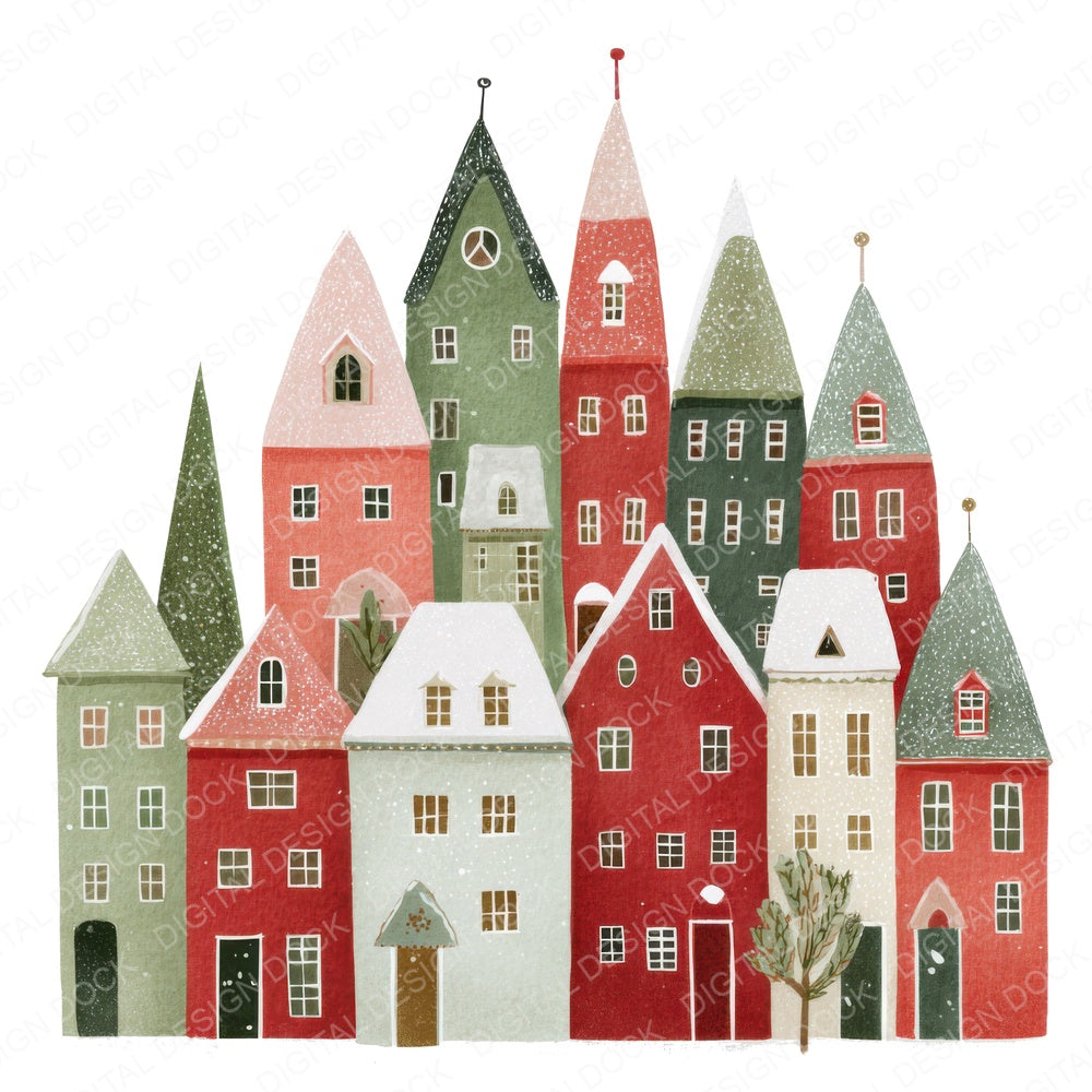 Scandinavian Christmas Houses fussy cut sheet in US Letter format showing all 12 designs on one printable page