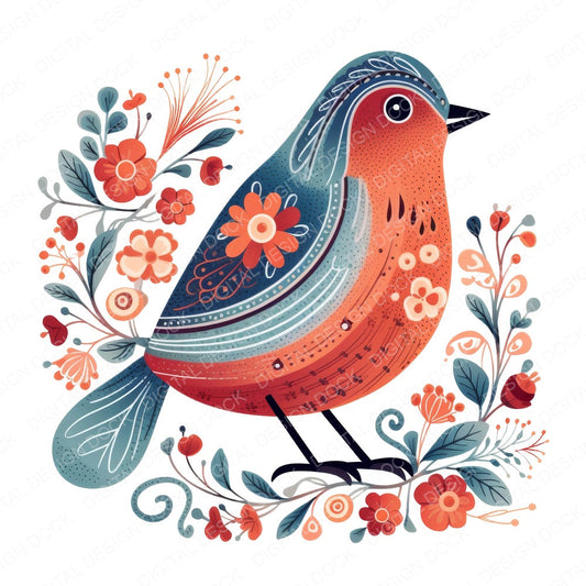 Scandinavian Floral Bird Illustration fussy cut sheet in A4 format showing all 12 designs on one printable page