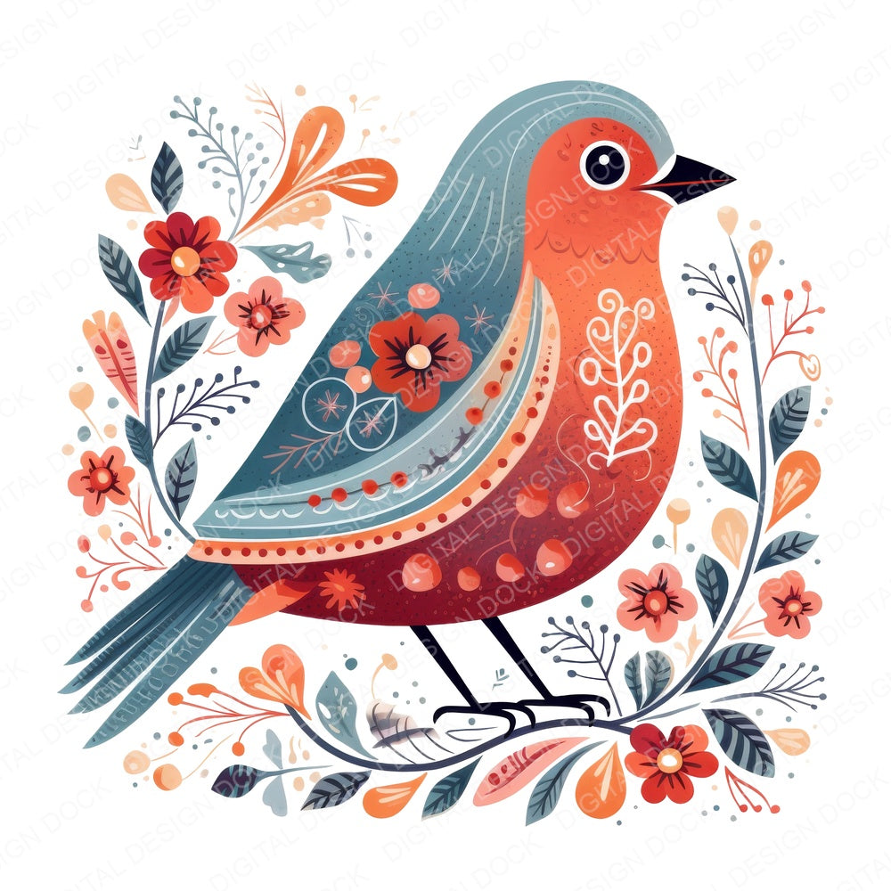 Scandinavian Floral Bird Illustration fussy cut sheet in US Letter format showing all 12 designs on one printable page