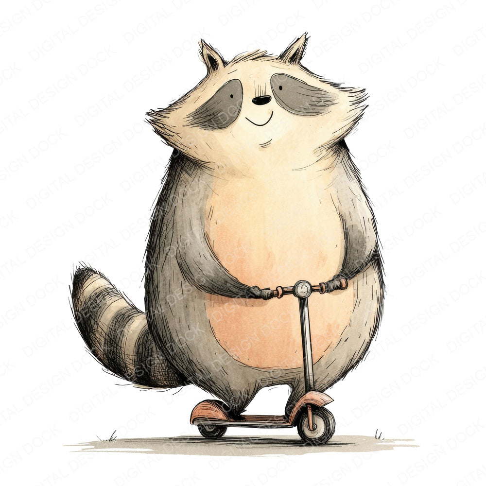 Scooter Raccoon Character fussy cut sheet in A4 format showing all 12 designs on one printable page
