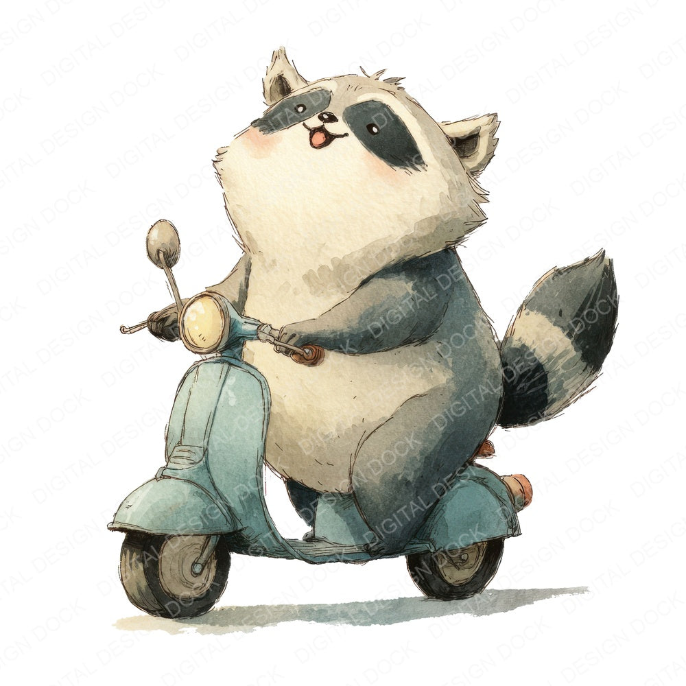 Scooter Raccoon Character fussy cut sheet in US Letter format showing all 12 designs on one printable page