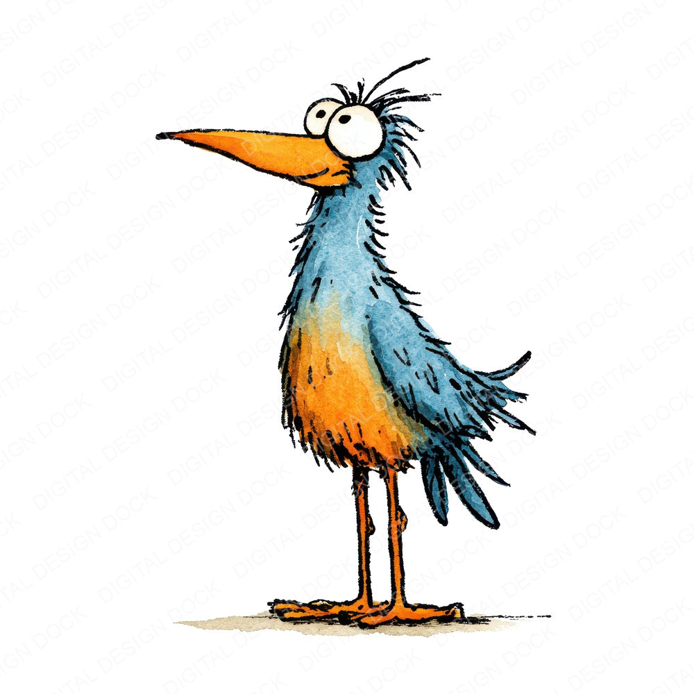 Scruffy Long Leg Bird Character fussy cut sheet in US Letter format showing all 12 designs on one printable page