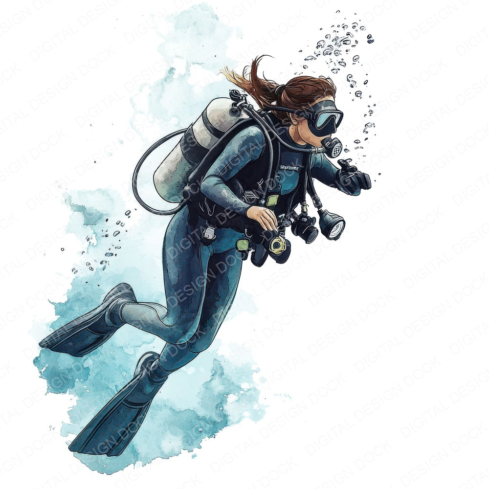 Scuba Diving Woman fussy cut sheet in A4 format showing all 12 designs on one printable page