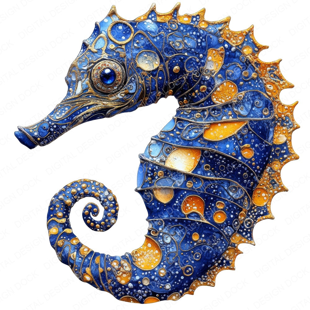 Sea Horse Baroque Blue and Gold fussy cut sheet in A4 format showing all 12 designs on one printable page