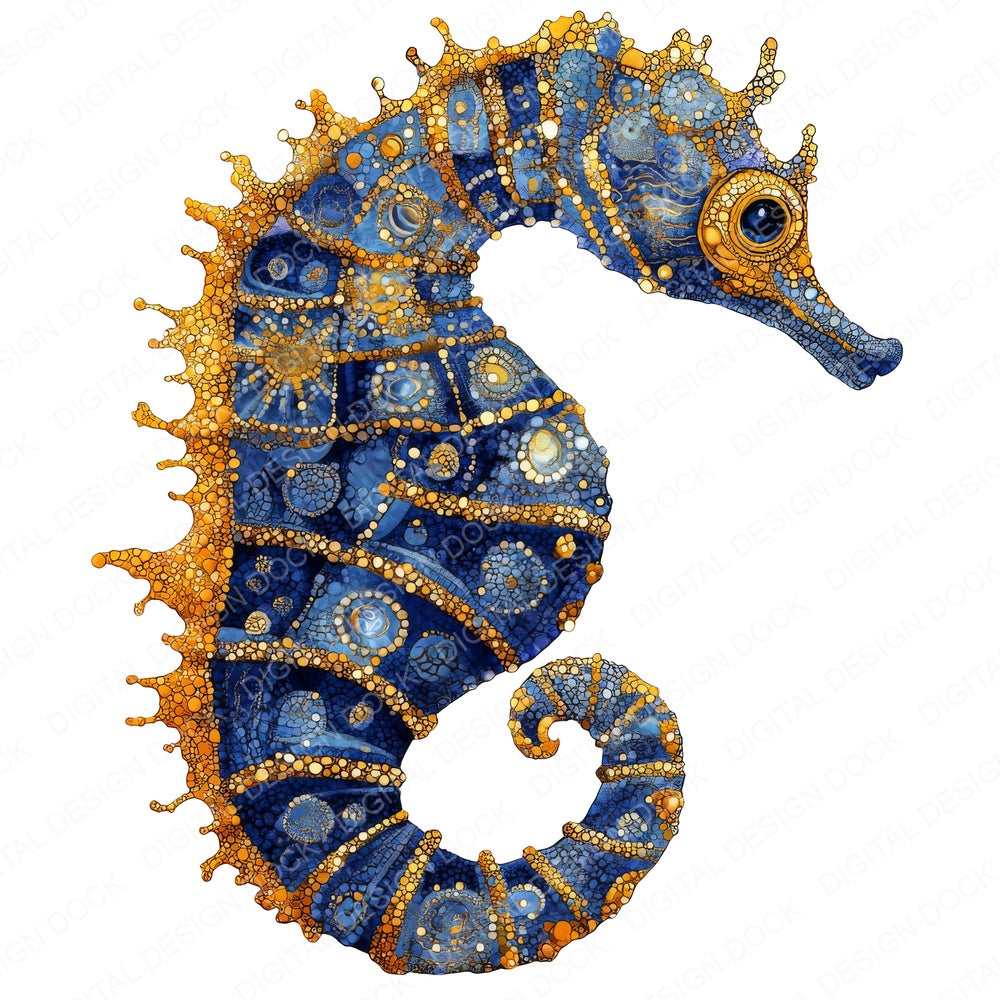 Sea Horse Baroque Blue and Gold fussy cut sheet in US Letter format showing all 12 designs on one printable page