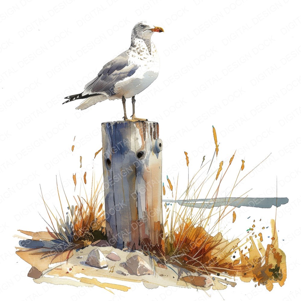 Seagull Perched on a Wooden Post fussy cut sheet in A4 format showing all 12 designs on one printable page
