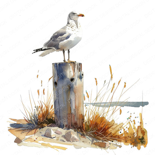 Seagull Perched on a Wooden Post fussy cut sheet in A4 format showing all 12 designs on one printable page