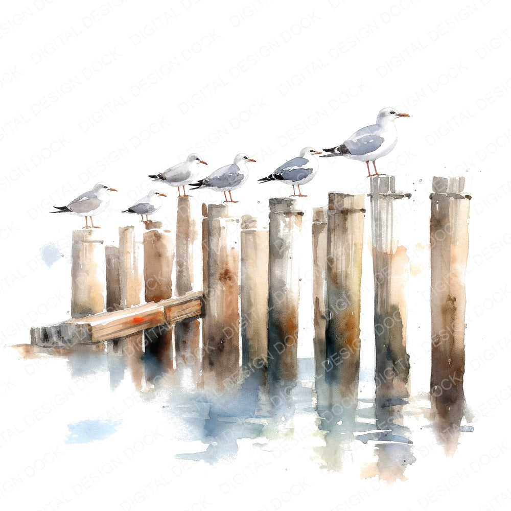 Seaguls Perched on Pier Posts fussy cut sheet in A4 format showing all 12 designs on one printable page