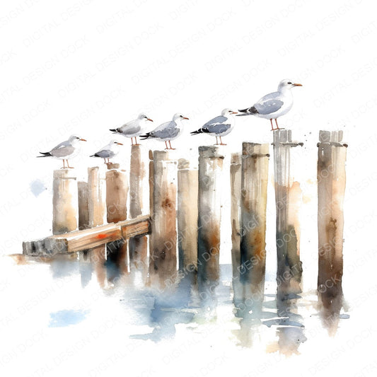 Seaguls Perched on Pier Posts fussy cut sheet in A4 format showing all 12 designs on one printable page