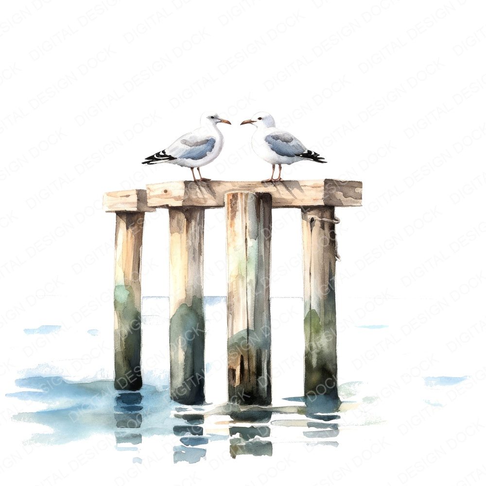 Seaguls Perched on Pier Posts Clipart Set (DDD006525)