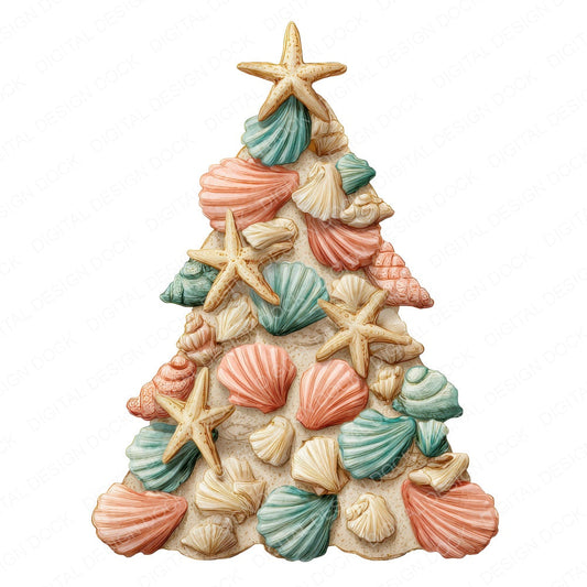 Seashell Christmas Tree fussy cut sheet in US Letter format showing all 12 designs on one printable page