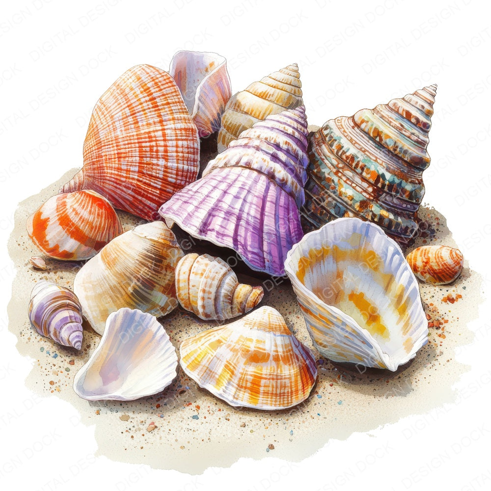 Seashell Collection fussy cut sheet in A4 format showing all 12 designs on one printable page