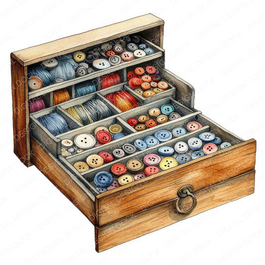 Sewing Notions Drawer fussy cut sheet in A4 format showing all 12 designs on one printable page