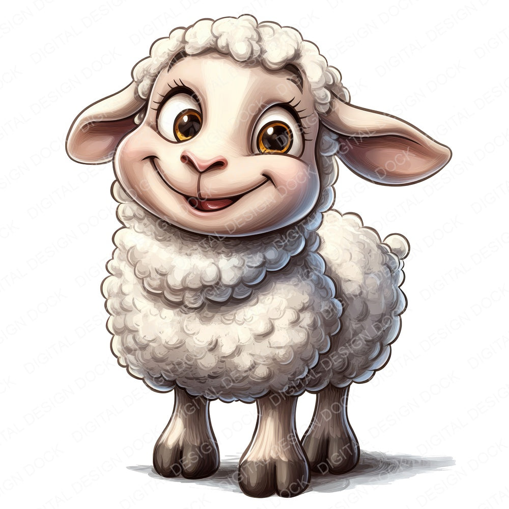 Sheep Cartoon Character fussy cut sheet in US Letter format showing all 12 designs on one printable page