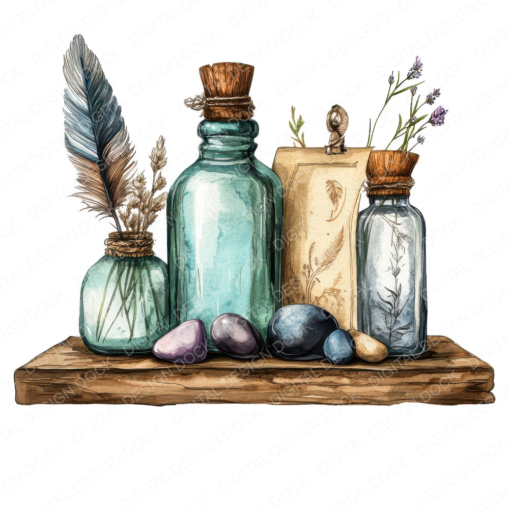 Shelf with Glass Bottles fussy cut sheet in A4 format showing all 12 designs on one printable page